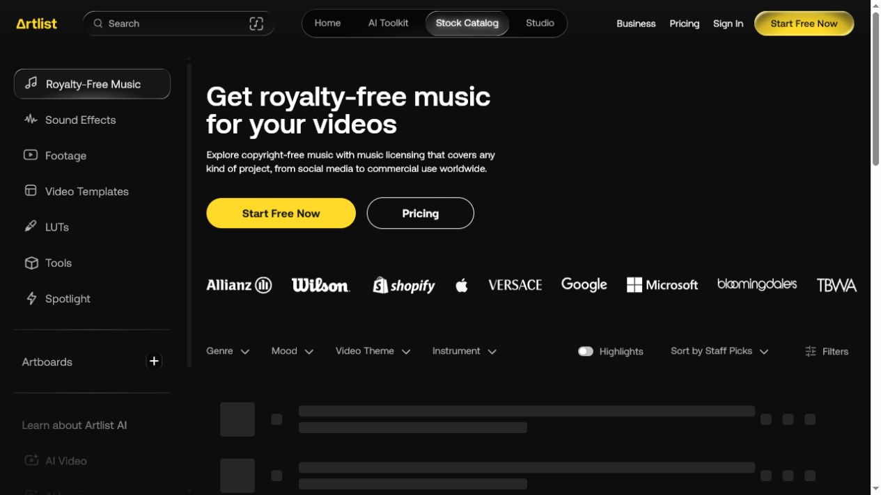 Artlist homepage preview