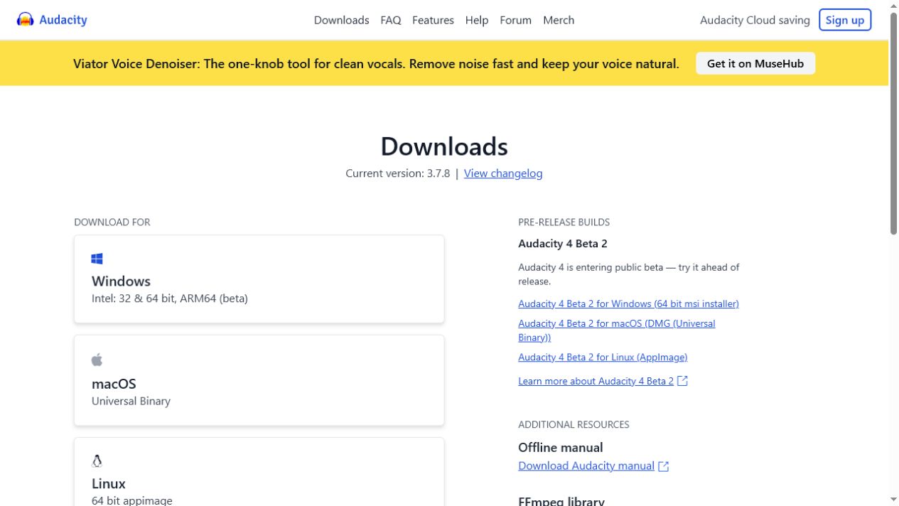 Audacity homepage preview