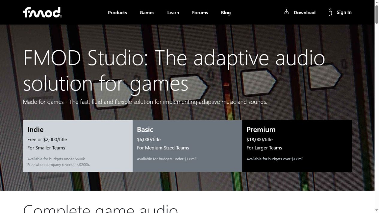 FMOD Studio homepage preview